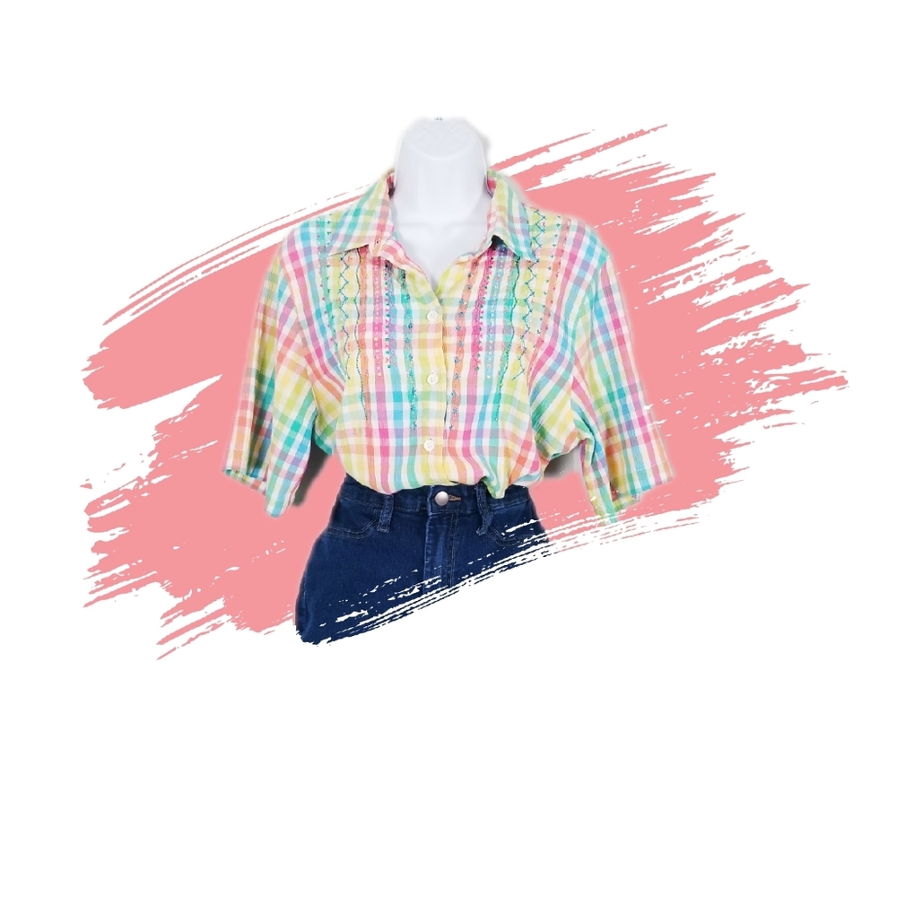 Koret Francisca Rainbow Gingham Beaded Button Down